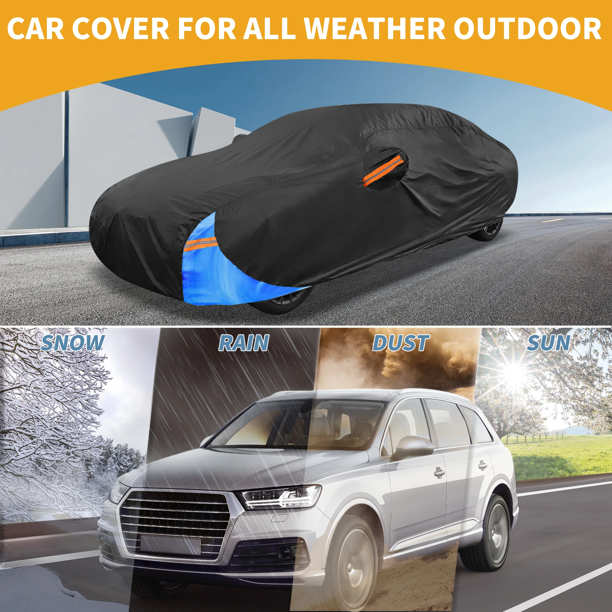 UXCELL Universal 210D-PU Car Cover Waterproof All Weather Black Blue Fit for Sedan SUV Hatchback Vehicle Outdoor Protector