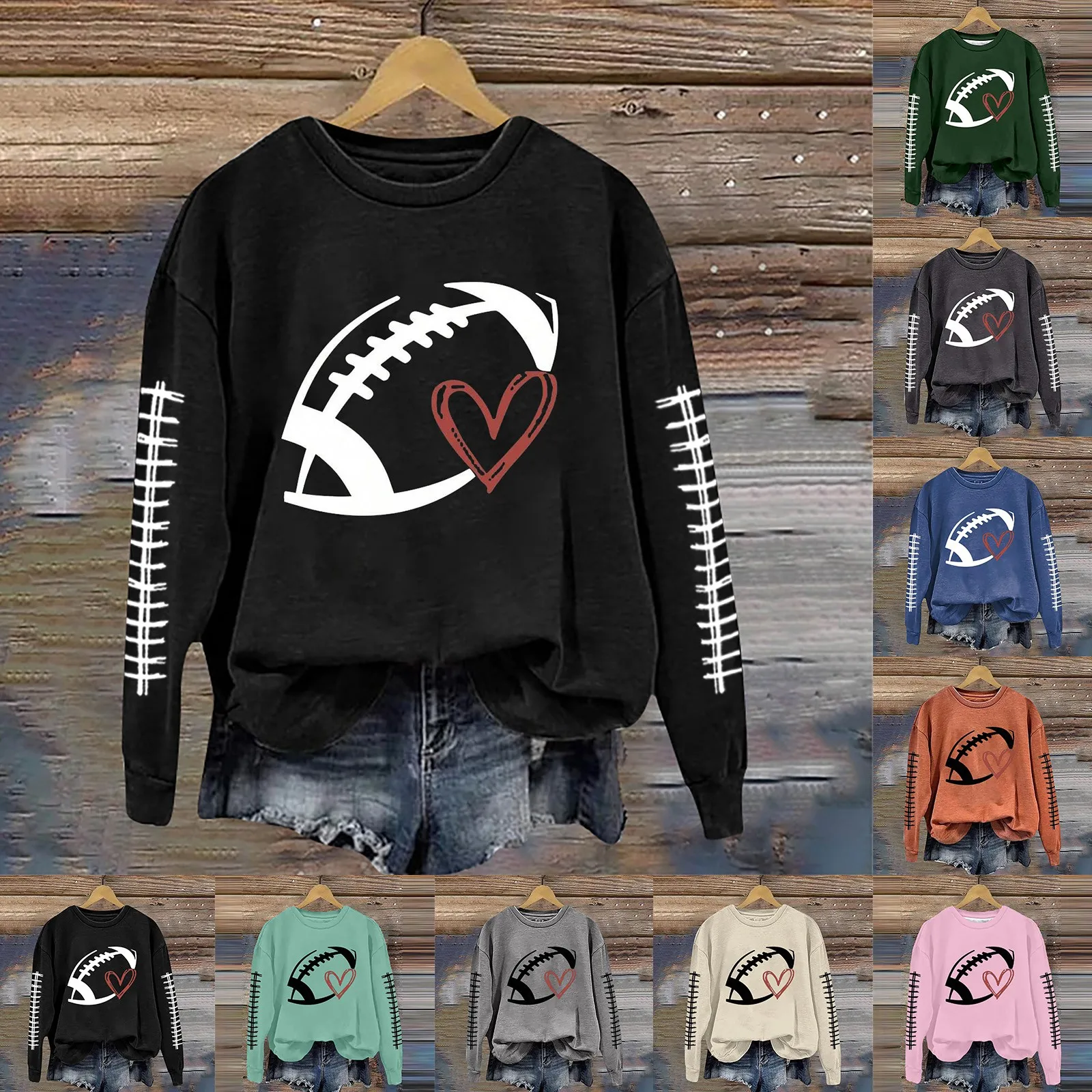 Full Sleeve Crewneck Sweatshirts For Women Long Sleeve Football Graphic Printed Hoodless Pullover Sweatshirts Top Blouse