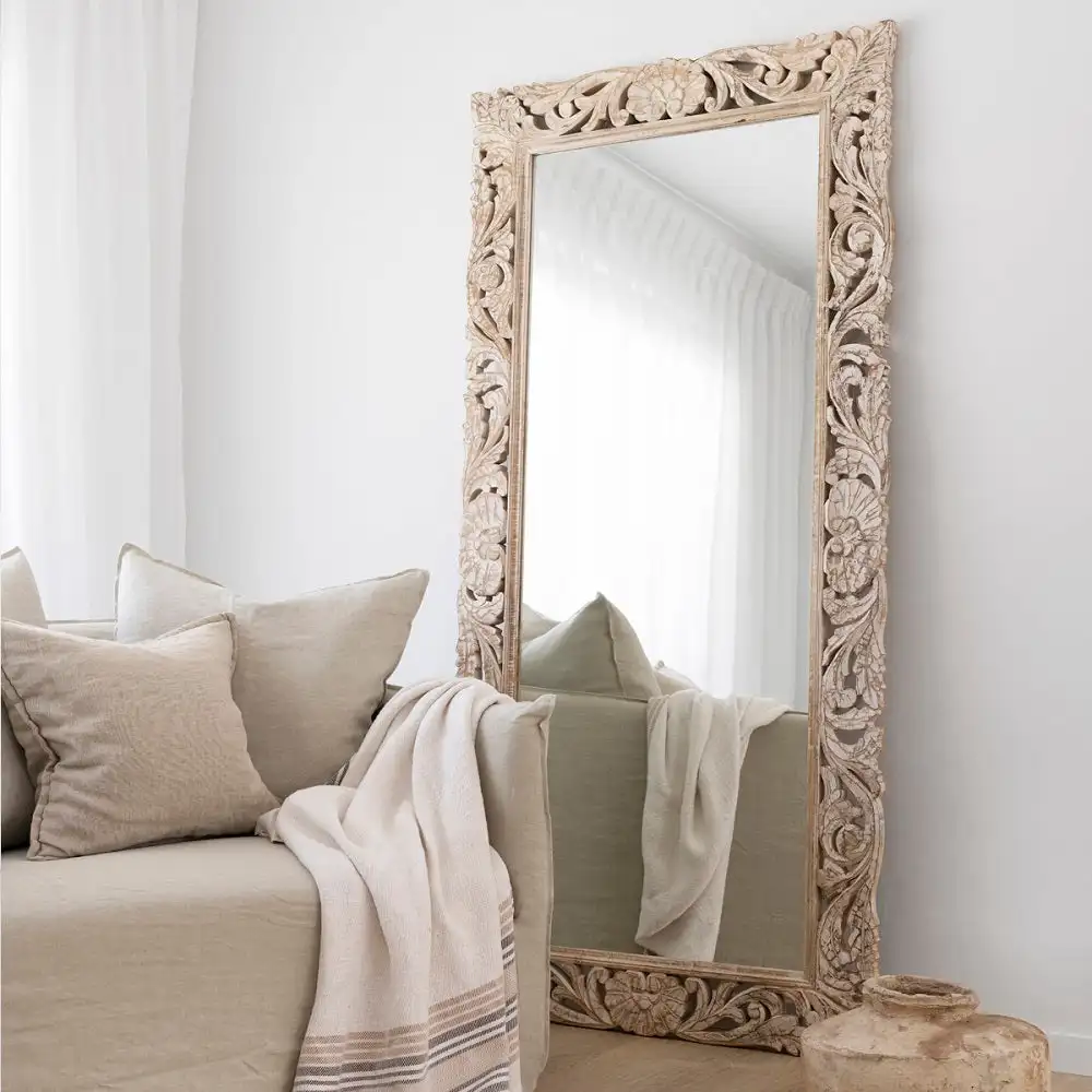 French style antique wash white carving full length floor standing ornate Wooden Carved Mirror Frame Decorative Mirrors