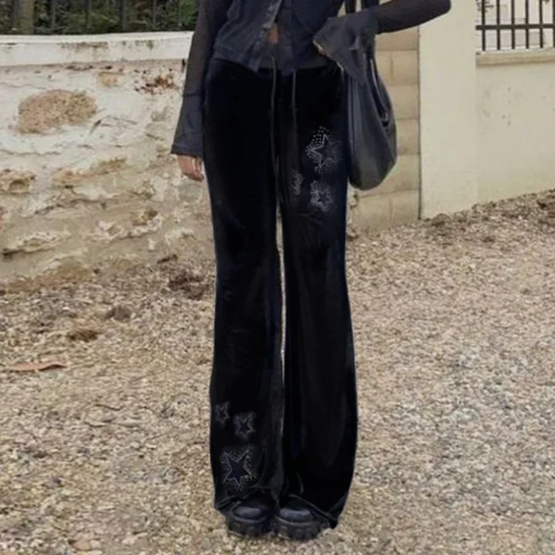 Pantaloni svasati in velluto con stella di strass Y2K Pantaloni sportivi larghi a vita alta estetici da jogging Pantaloni basic casual con taglio a stivale