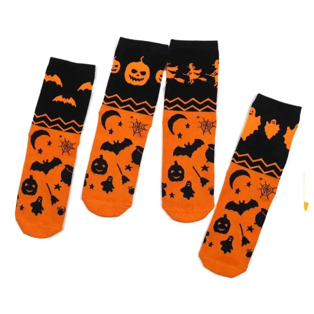 2Pairs Breathable Ghost Halloween Socks Bat Stripe Tube Socks Cartoon Pumpkin Cotton Socks Women Girl/Boy