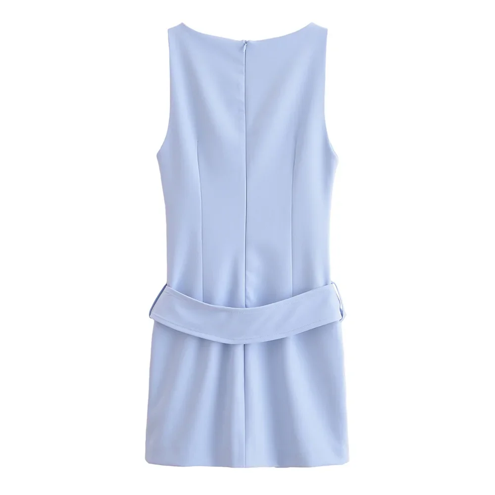 2024 Summer New Women's Fashion Style Tight Round Neck Sleeveless Belt Short Dress