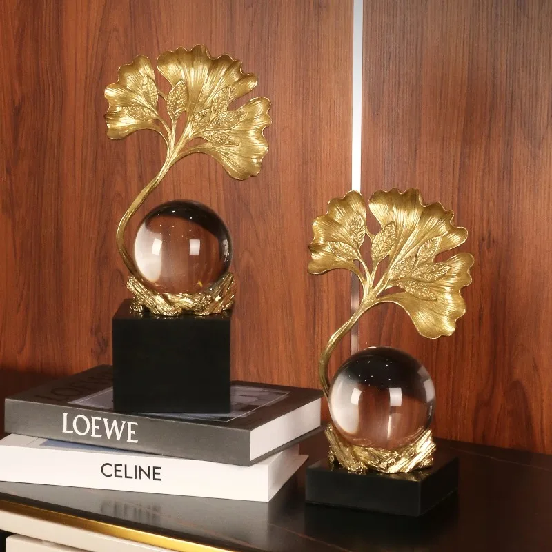 Curved Leaf Frame Sphere Ornament Transparent Smooth Round Core Solid Dark Block Base Living Room Console Table Decor Craft