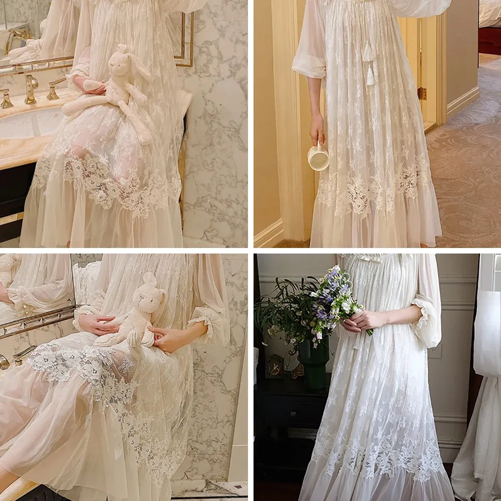

Vintage French Lace Nightgown for Women, Sexy Ruffles Princess Sleepwear Night Dress