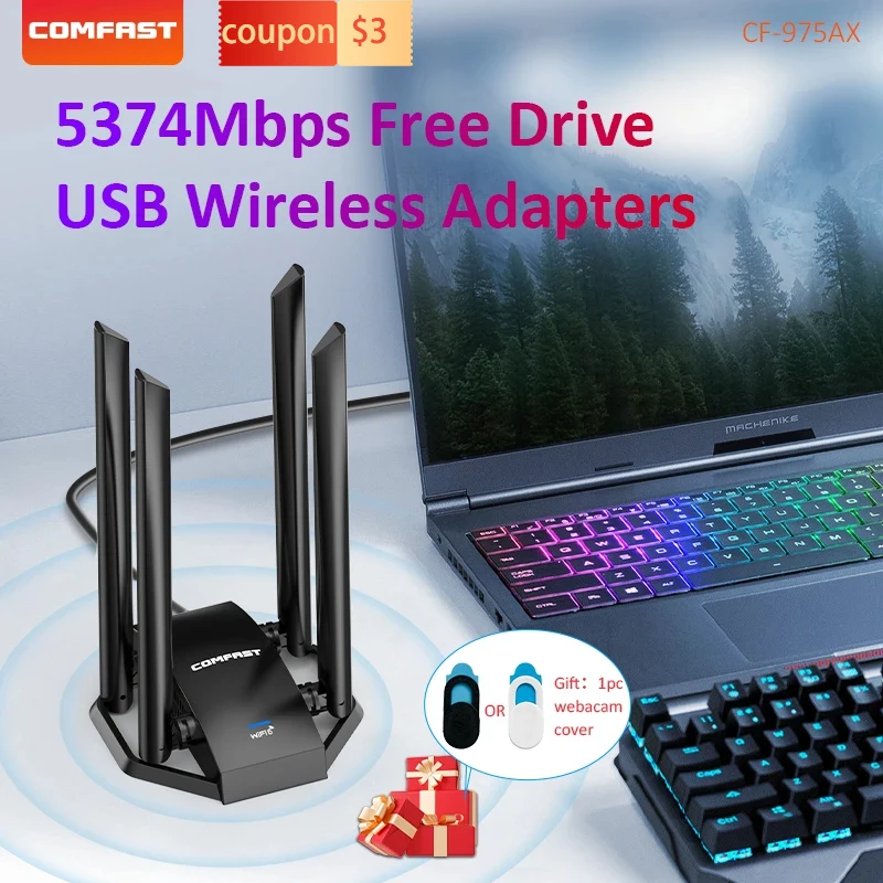 5374 Мбит/с USB-адаптер Wi-Fi6 AX5400 Трехдиапазонный 2,4G/5G/6GHz Гигабитная игровая сетевая карта Wi-Fi-ключ 4 Антенный приемник для Win10/11