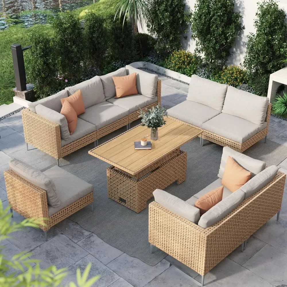 

9-Piece Wicker Patio Furniture Set with Lift Top Coffee Storage Table, Sectional Sofa with Water Resistant Thick Cushions