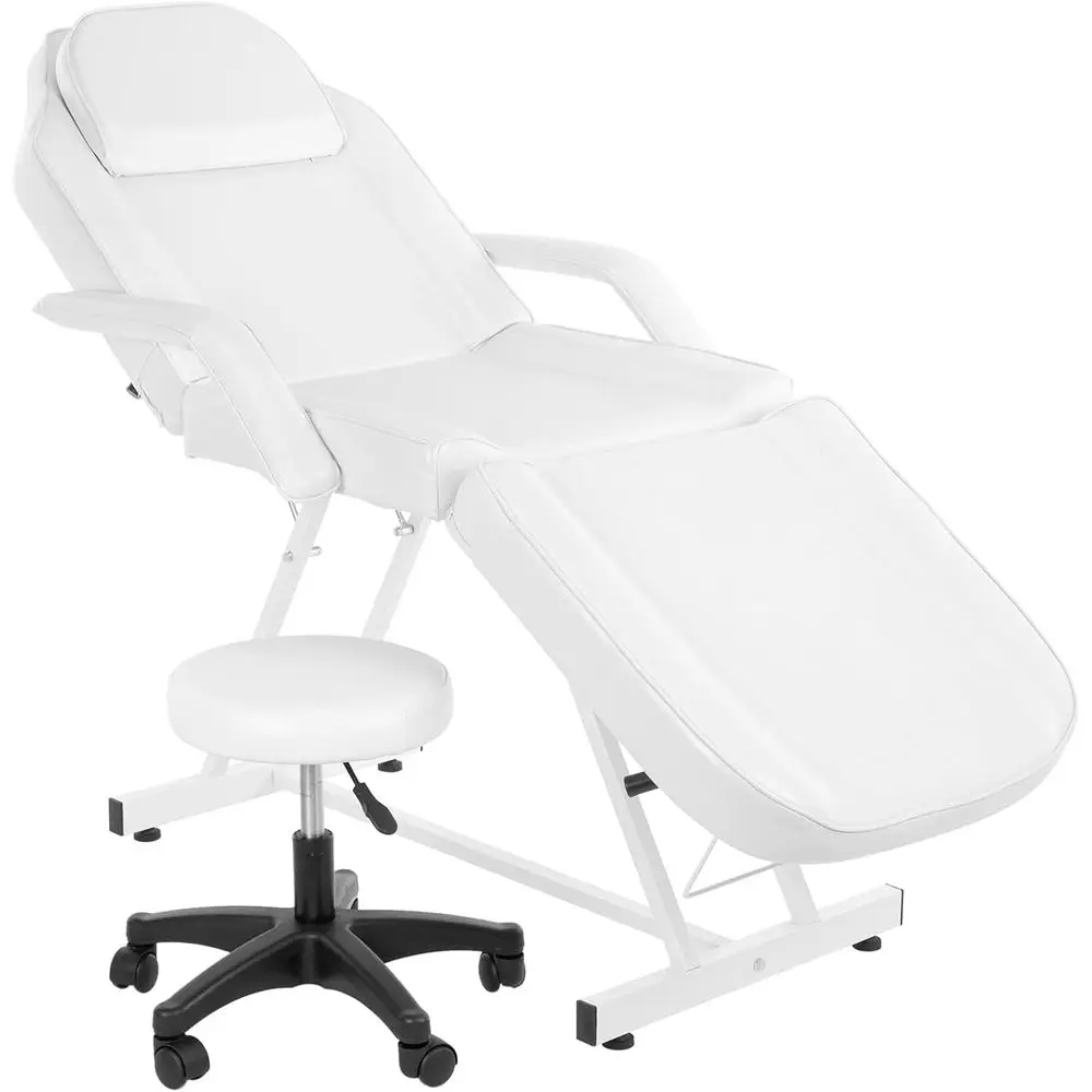 White Multi-pose 3-Section Facial Bed Table with Hydraulic Stool for Beauty, Spa, and Barber Equipment