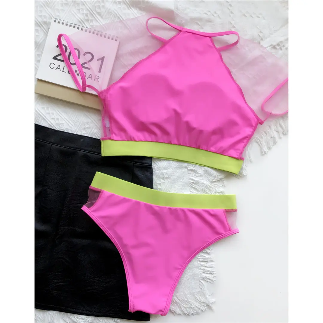 Kurzarm-Badeanzug mit Mesh-Einsätzen, Damen-Bikini mit hoher Taille, zweiteiliger Bikini-Set, Badebekleidung, Badeanzug, Modell V2871. – Detail 25