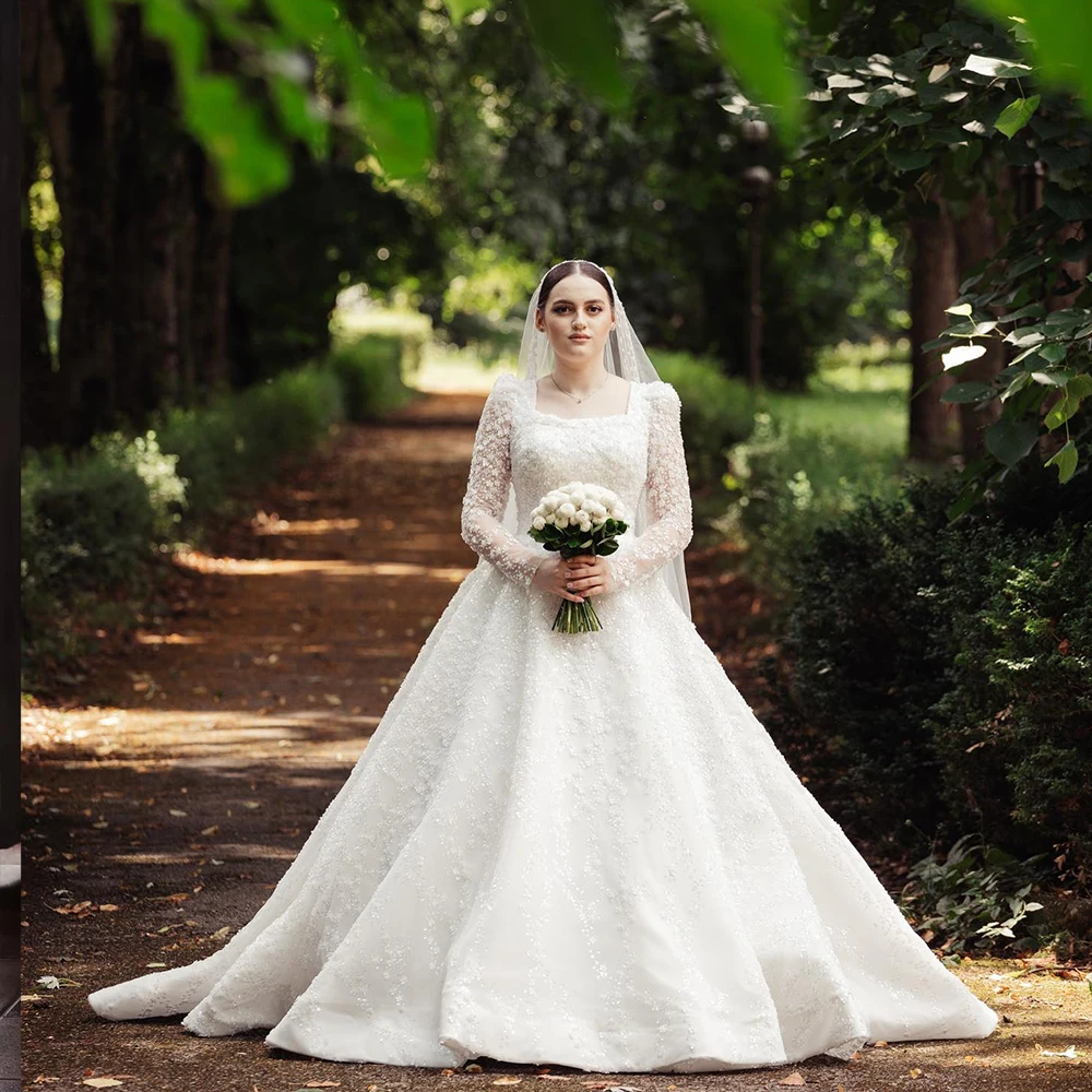 

Luxury Wedding Dresses with Square Collar Log Sheer Sleeve Bride Dress Flowers Church Bridal Ball Gown Customized robe de mariée