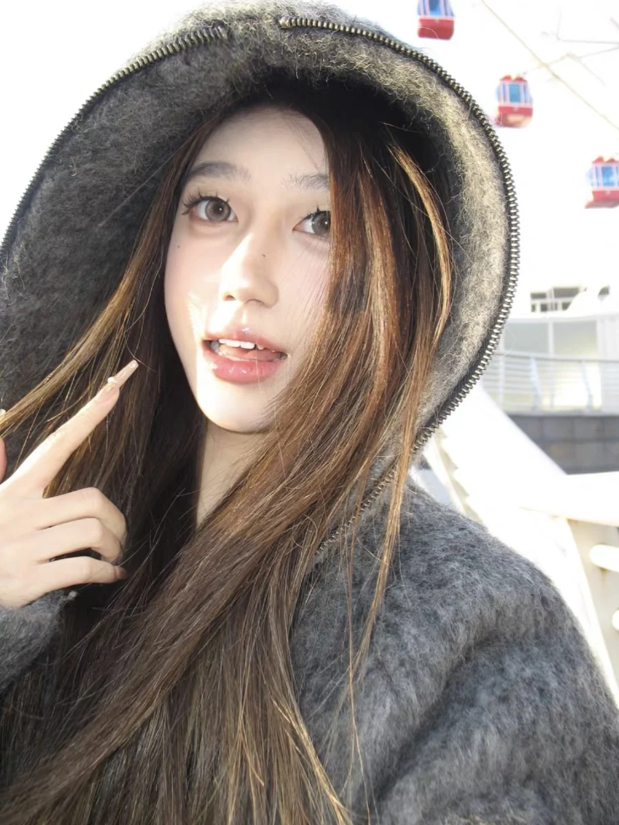 

Retro American ey Zipper Camere Open Cardigan Jaet ex Cleanfit Autumn Winter Casual Hooded Knitted Sweater