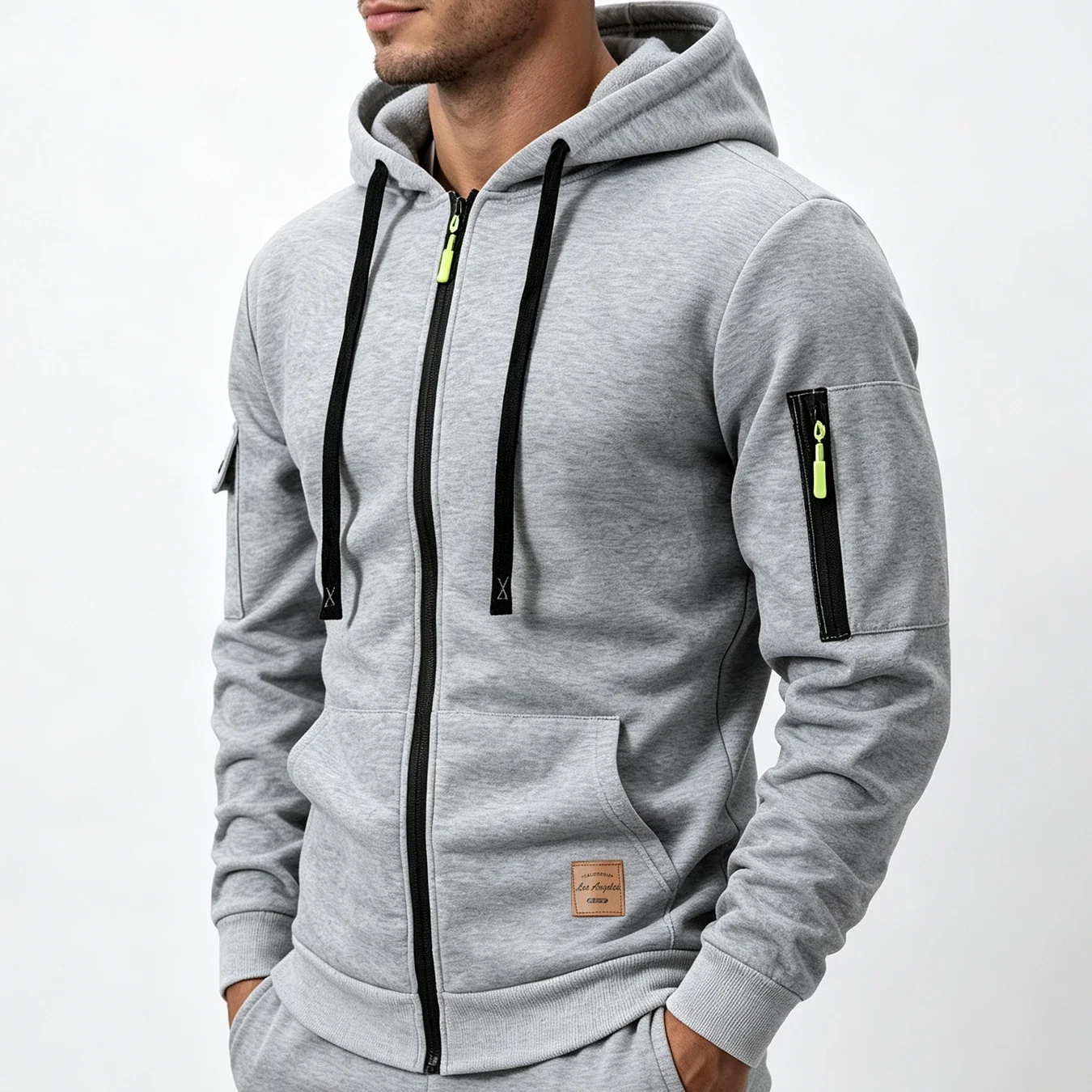 Men Zip Up Hooded Sweatshirt Arm Zipper Pocket Drawstring Hood Jacket Rib Cuff Long Sleeve Casual Street Outerwear