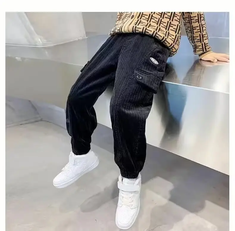 Boys Casual Corduroy Pants Teenage Trousers Kids Hip Hop Joggers Pants High Waist Drawstring Vintage Streetwear Baggy Thicken Sw