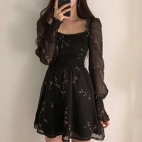 Vestido Sexy de gasa negro para mujer, Vestidos de manga larga abombada con flores Vintage de primavera, Mini Vestidos informales coreanos, ropa elegante 13676