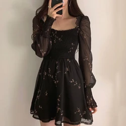 Women Sexy Black Chiffon Dress Spring Vintage Flower Long Puff Sleeve Dresses Korean Casual Mini Vestidos Elegant Clothes 13676