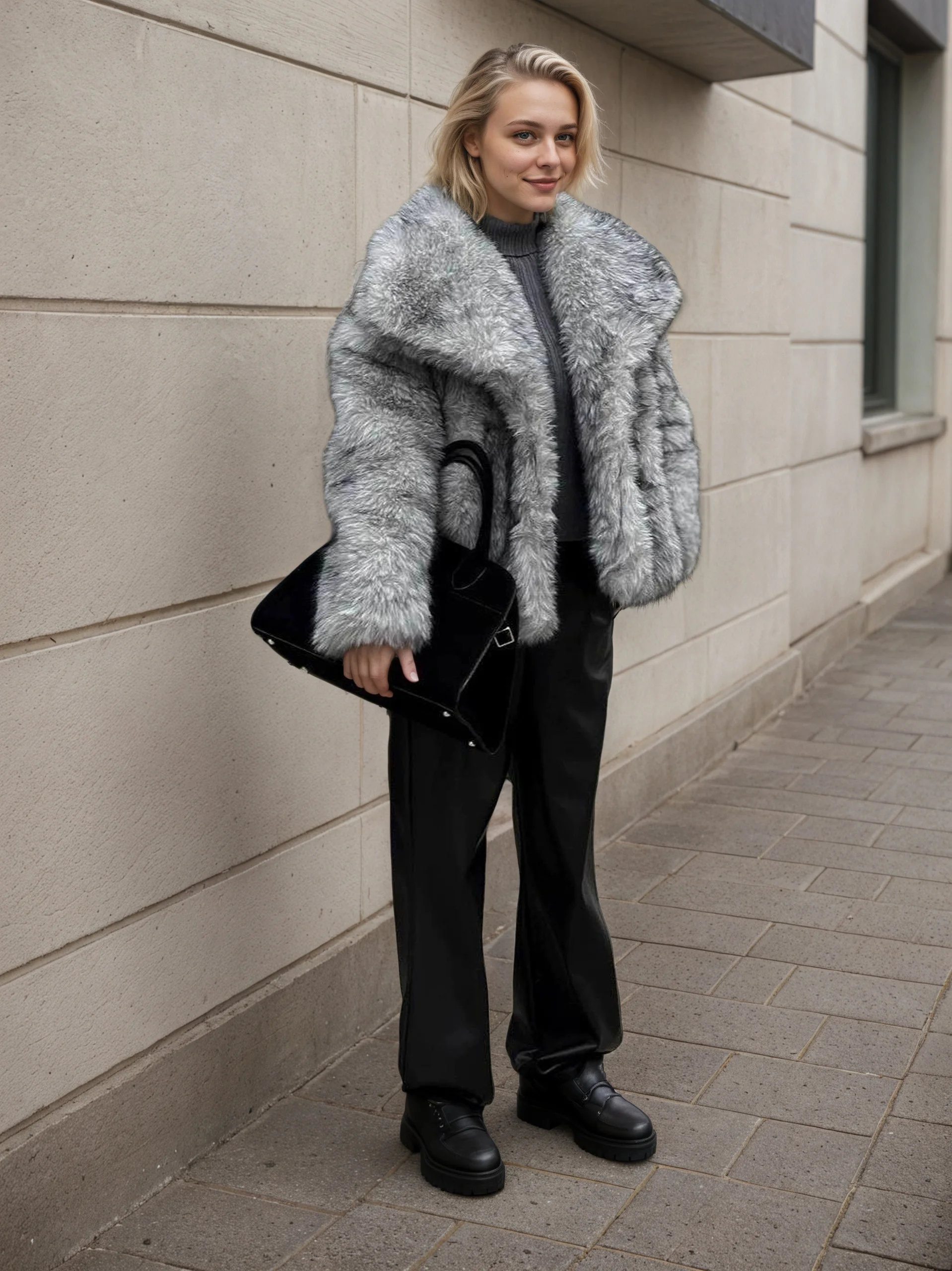 Dikker Warme Grote Revers Bontjas voor Vrouwen 2025, Nieuwe Winter Effen Kleur Lange Mouwen Elegante Dame Nepbontjas Bovenkleding