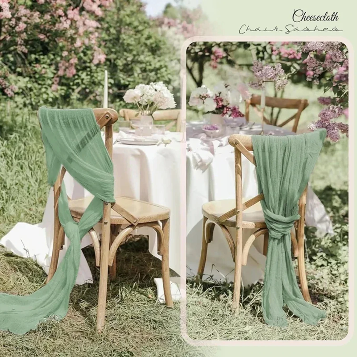 10pcs Sage Green Cheesecloth Chair Sashes 40X275CM Bow Cover Chair Sashes  Wedding Party Banquets Restaurant Aisle Decoration