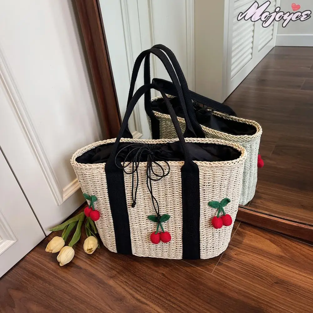 

Straw cherry Beach Tote Bag Woven Drawstring Top-handle Bags Large Capacity Casual Basket Handbags Women Travel Shopping Pouch