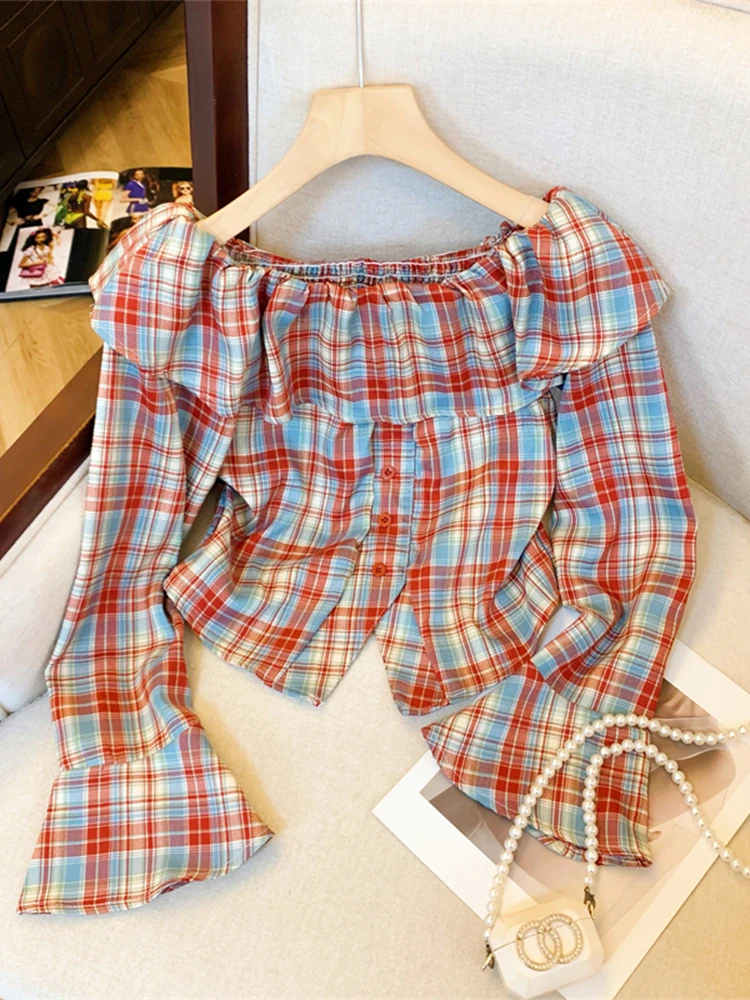 

Женские рубашки и блузки в красную клетку Y2k Vintage Harajuku 2000-х годов Элегантная рубашка с воротником Питера Пэна и длинным рукавом с разрезом на шее Одежда 2024