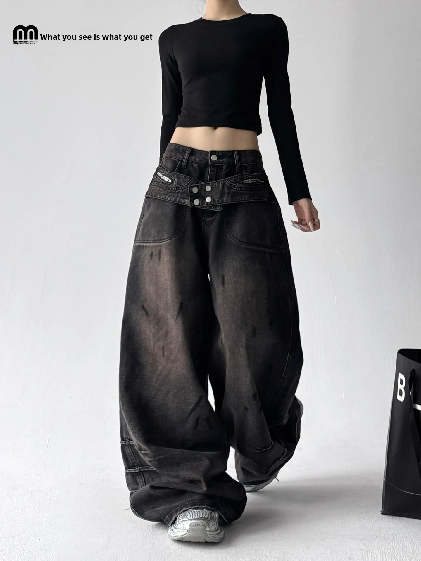 

Waed Vintage American Street Dance Jeans Women's Loose Wide Leg Straight Workwear Casual Pants Autumn New Sle Low Waist C...