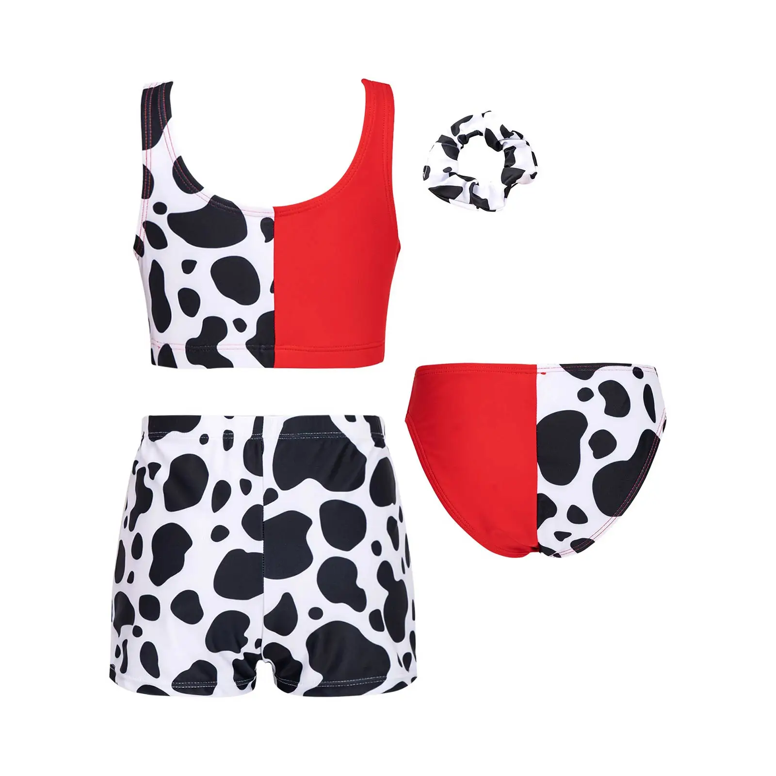 4Pcs Kids Grils Swimsuits Cute Cow Print Tankini Sets Sleeveless Bra Top Briefs Boyshorts Swimming Bathing Beachwear Swimwear