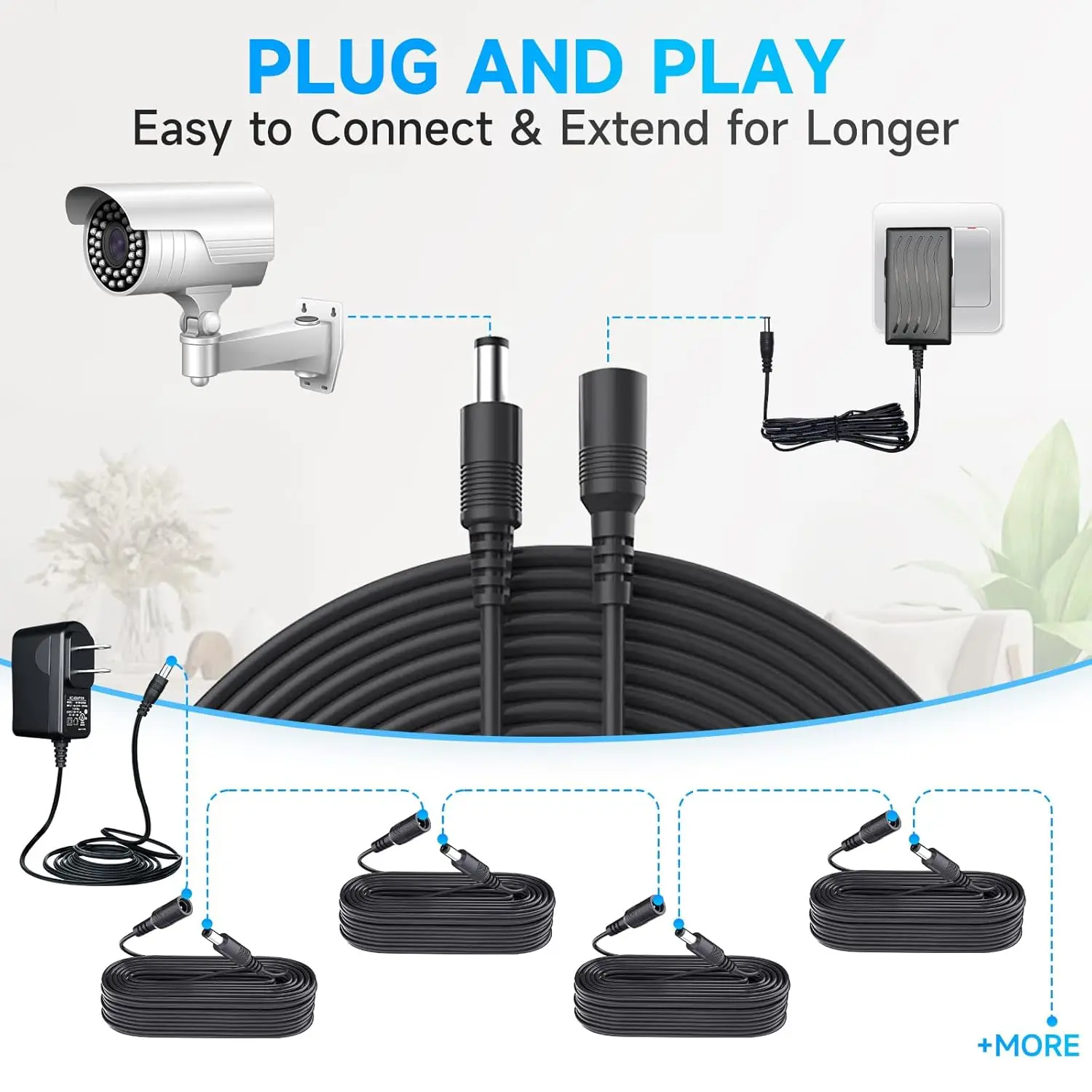 Uvusee 15 متر 50FT 2.1x5.5 مللي متر تيار مستمر 12 فولت كابل تمديد الطاقة للصوت كاميرات الأمن كاميرا Ip Dvr مستقل Led قطاع ضوء