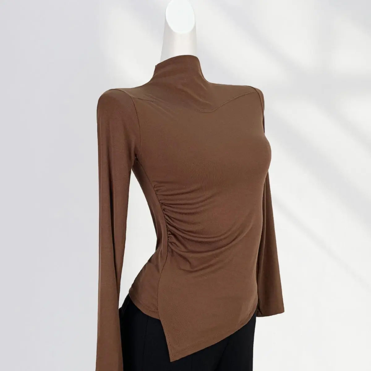 Half High Neck Bottoming Shirt Women's Spring Pleated Irregular Tight Inner Long-sleeved