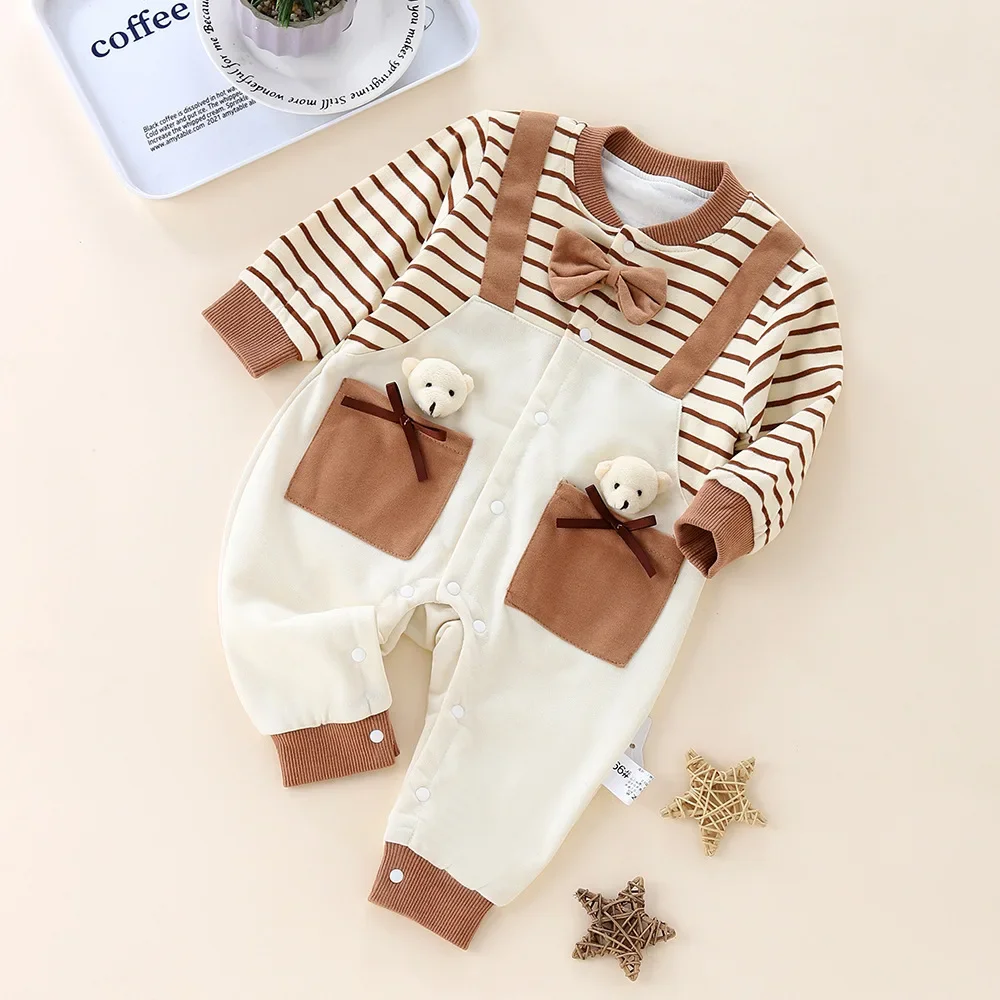 Baby Clothes 2024 Autumn Newborn Jumpsuit Infant Boys Handsome Gentleman Bow Tie Romper Toddler Cartoon Bear Outwear