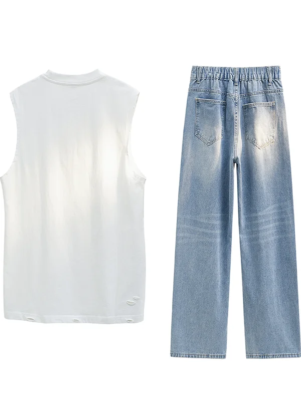 

Men's Summer Faion High-End Feeling Casual Set Vest with Nelace Denim Pants Two-Piece Set Teenagers' No-Sve Top