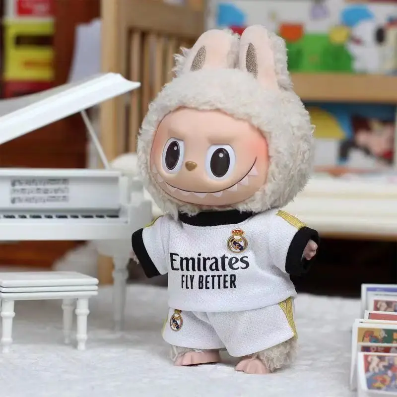 Labubu-uniforme del equipo de fútbol de 17cm, Sudadera con capucha, camiseta con corazón, macarrón, disfraz bonito, juguete para regalo para seguidores, regalo sin muñeca