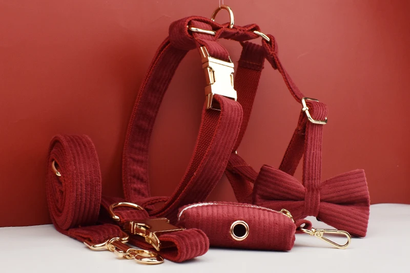Weinrotes Cord-Hundehalsband und Leinen-Set für Hunde, individuell graviertes Namensschild, Haustierbedarf, Hundeleine, Cord13 – Detail 3