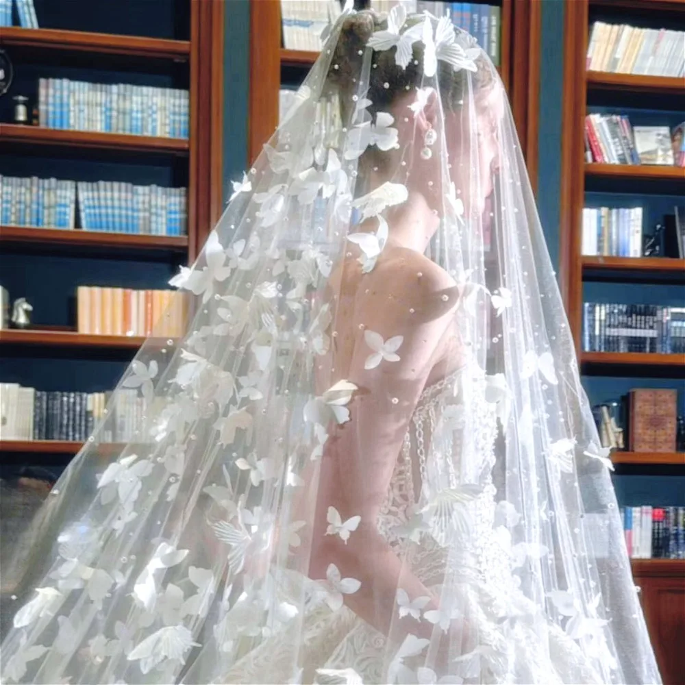 

3D Butterfly Bridal Veil with Long Train Luxury Heavy Pearl фата for vestido de noiva 웨딩 베일 Wedding Accessories