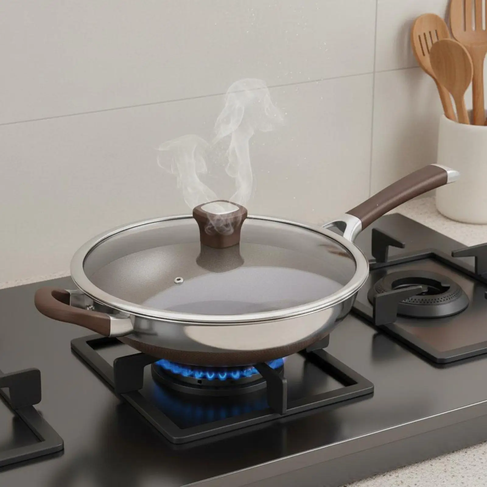 Nonstick Titanium Cooking Pan 304 Stainless Steel Skillet for Healthy Oil Free Frying on Induction Cooktop