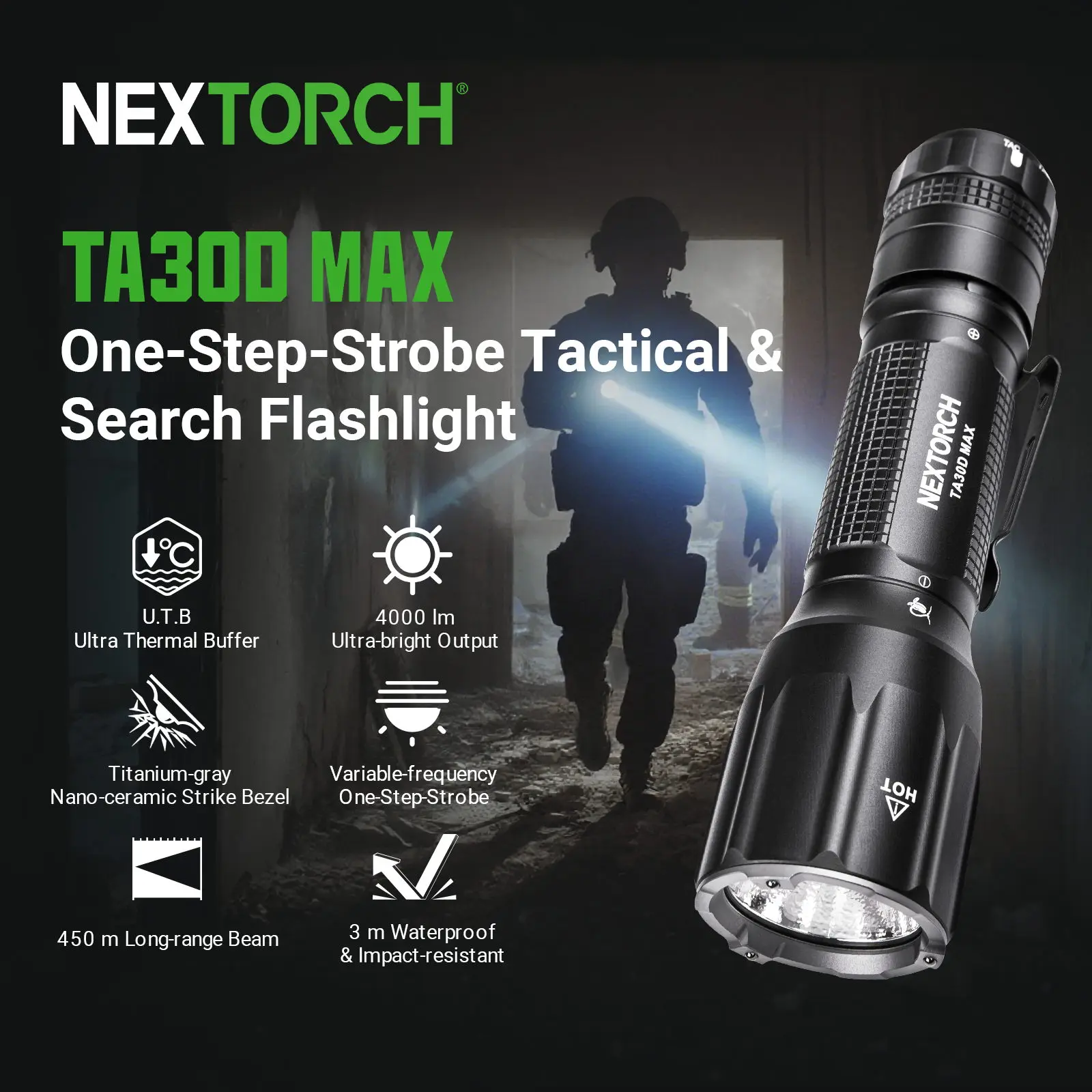 NEXTORCH TA30D MAX 4000ルーメン戦術懐中電灯 充電式高ルーメン法執行