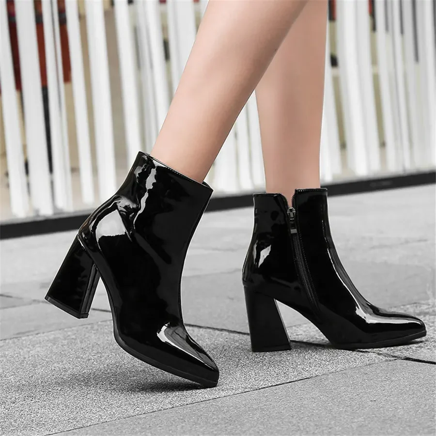 Silver Winter Women Ankle Boots Gold Mirror Patent Leather High Block Heel Party Office Lady Sexy Pointed Toe Zipper Short Plush