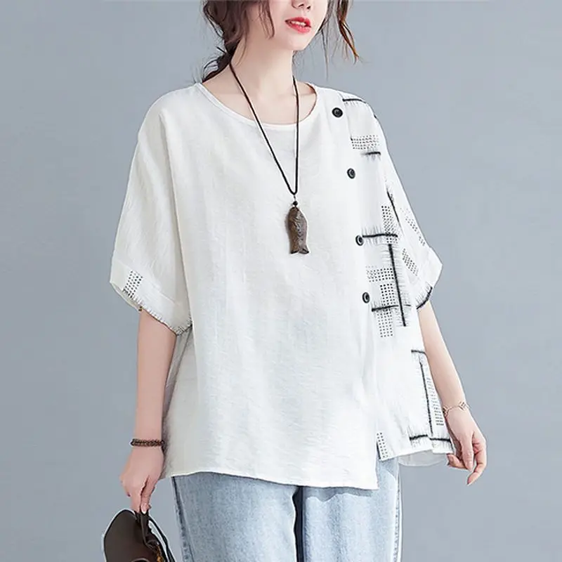 

Cotton Linen Short-sleeved T Shirt Women Summer New Korean Style Fashion Irregular Casual Loose T-shirt Womens Tops Trend 2024