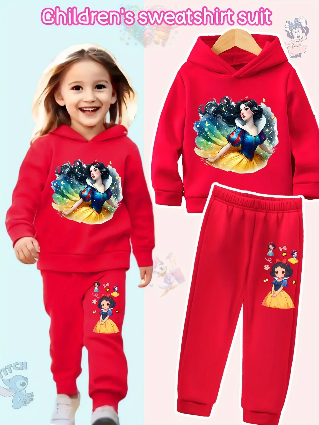 

Chaqueta estampada con capucha de Blancanieves para niños, sudadera de 3 a 12 años, Top + Pantalones, conjunto deportivo informa