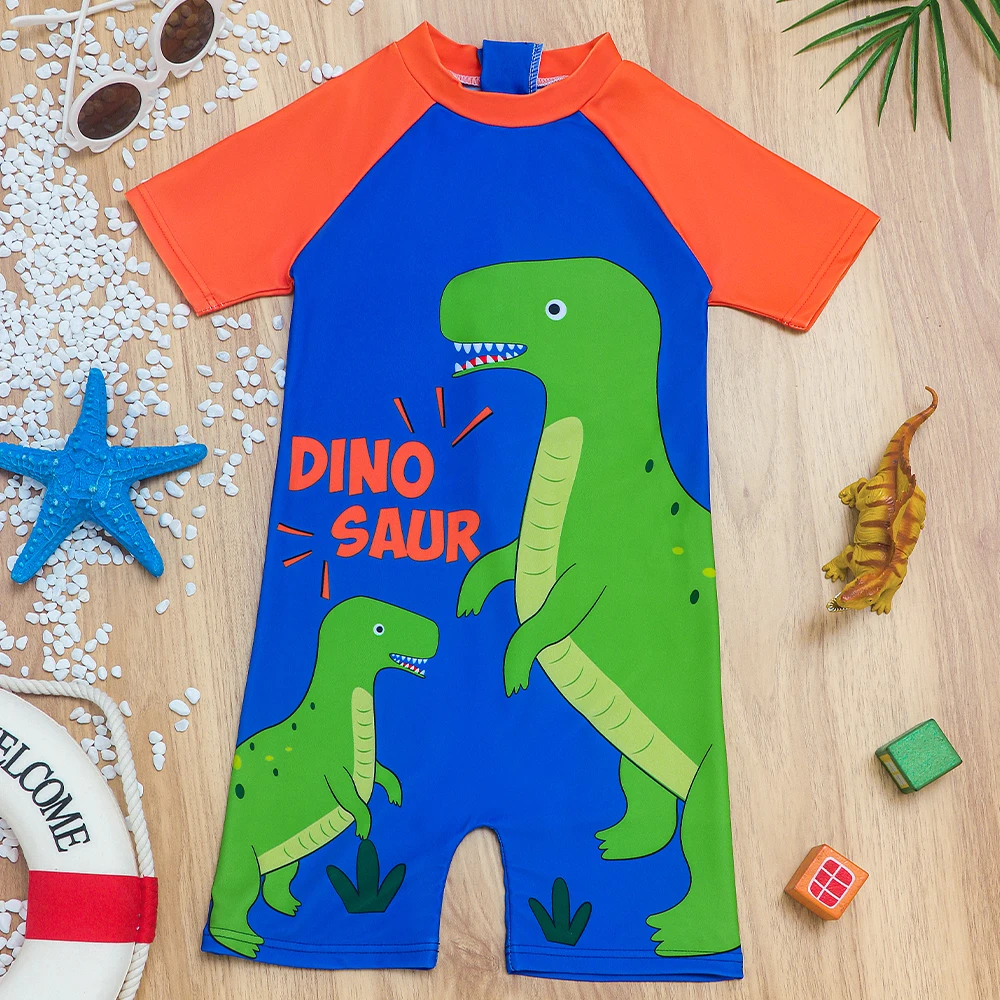 Summer Kids Swimsuit Dinosaur Printed Swimwear Short Sleeve One Piece Swimming Suit Baby Boys Beach Bathing Suit Outfit