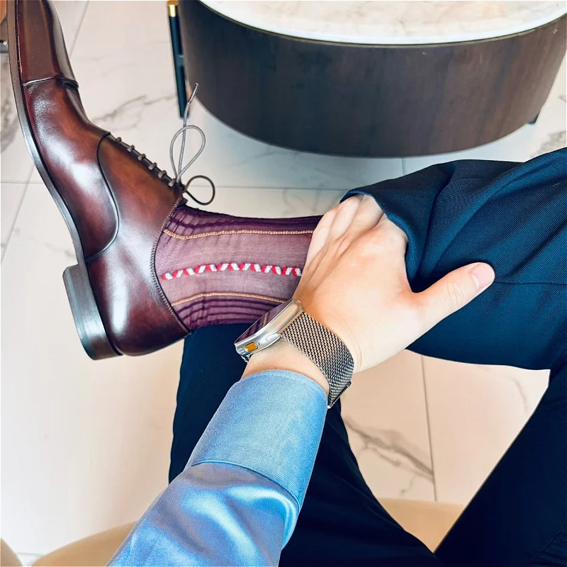 Men Sheer Nylon Crew Socks Vintage Vertical Striped Jacquard Thin Transparent Dress Socks Formal Business Mid Calf Socks for Men