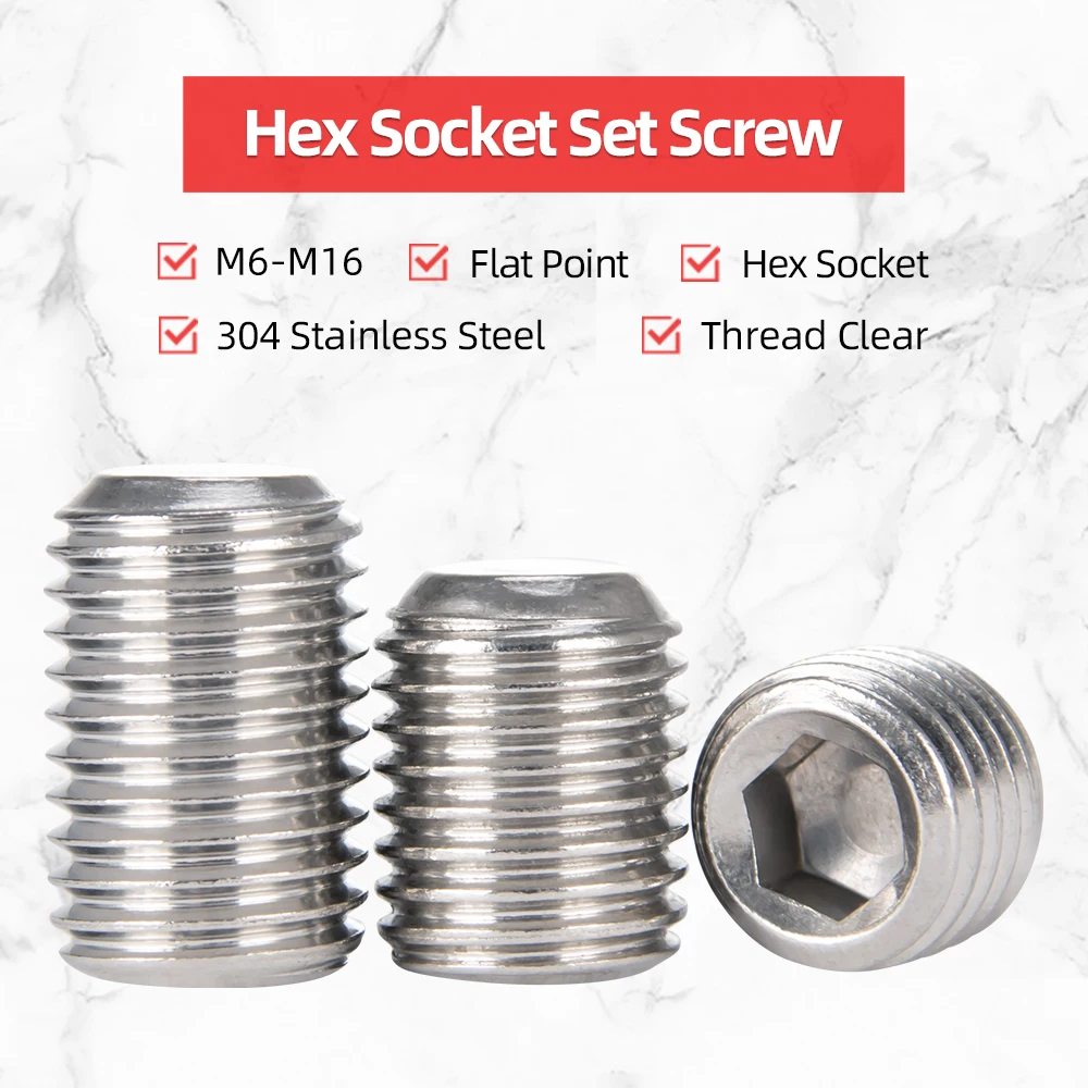 

Hexagon Socket Set Screws With Flat Point M6 M8 M10 M12 M16 Headless Allen Screw 304 Stainless Steel Fit For Hex Socket Wrench