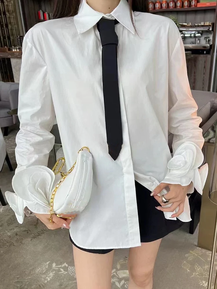 Retro solid color lapel three-dimensional flower long sleeve Joker blouse 2024 autumn women's new fashion loose shirt with tie.