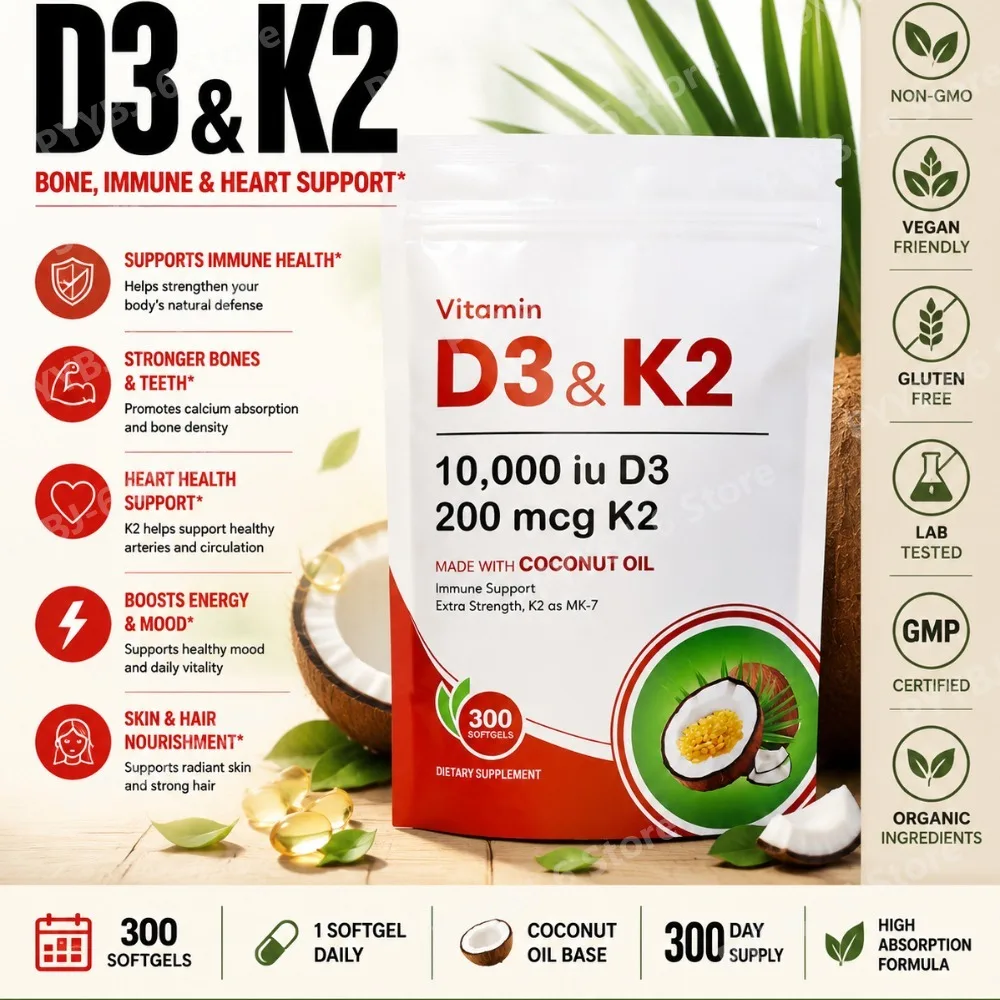 Vitamin D3 K2 Supplement 10,000 IU D3 200mcg K2 MK7 with Coconut Oil High Absorption Softgels for Bone & Immune Support 300Count