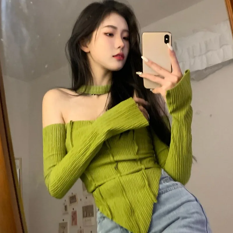 Off Shoulder  Long Sleeve Top Tee Shirt Femme Y2K Clothes Green Tops Mujer T-shirt Black Sexy Funny T Shirts Women Cropped