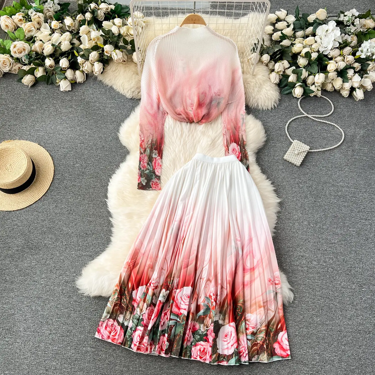 

New Spring Runway Flower Skirt Suit Women Miyake Stretch Pleated Tops + High Waist Floral Printed Skirt Holiday Two Piece Set