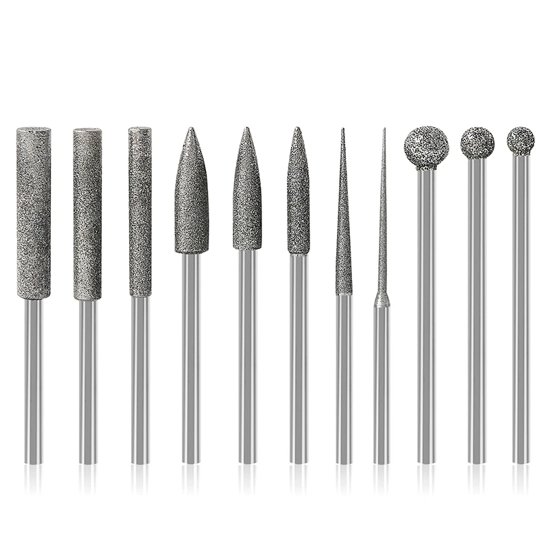 11Pcs Stone Carving Set Diamond Burr Bits 1/8 Inch Shank Polishing Rotary Tools for Grinding Engraving Carving