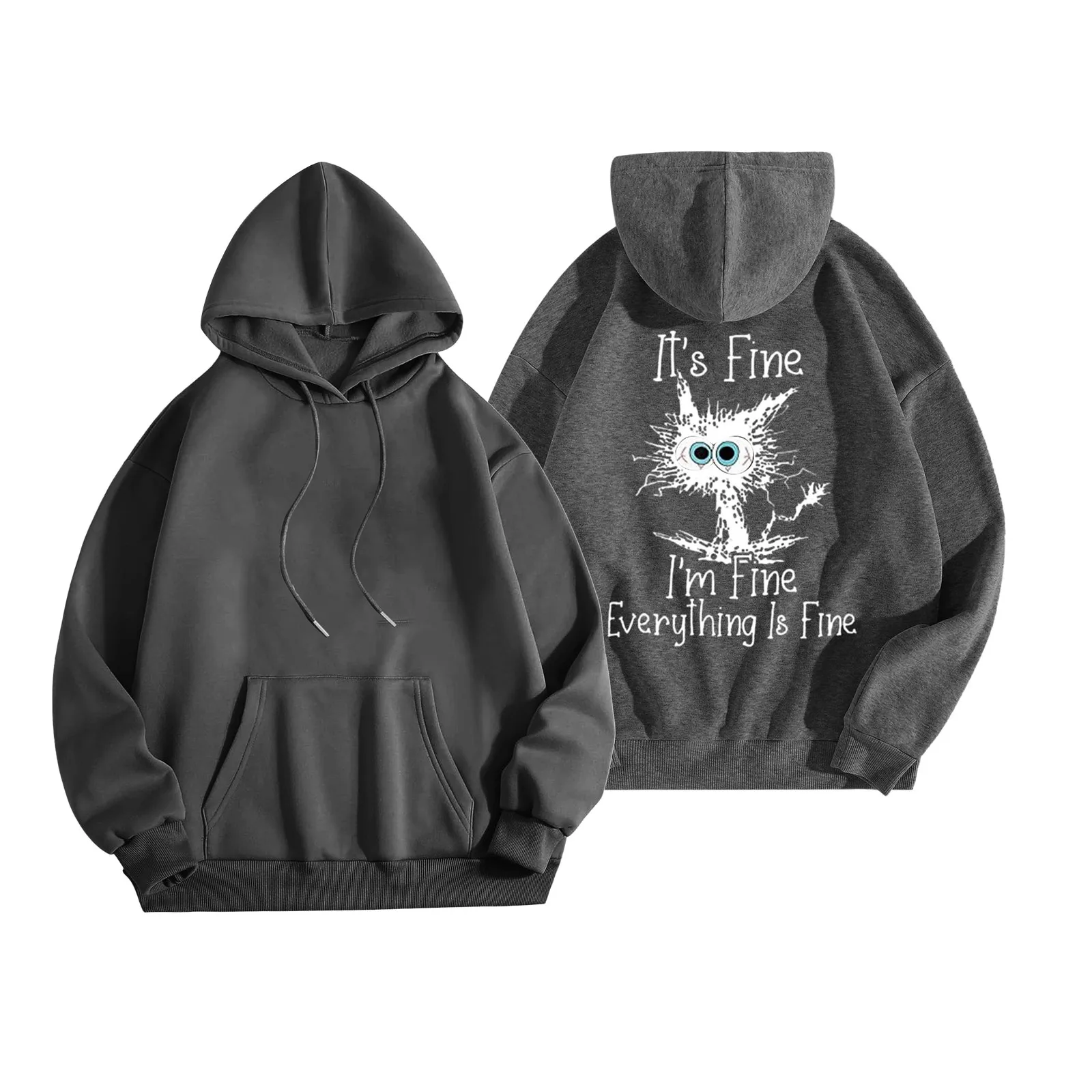 Winter Casual Animes Cat Hooded Sweatshirt I'M Fine Everything Is Fine Hoodies With Pattern Retro Women’S Oversized Y2k Clothing