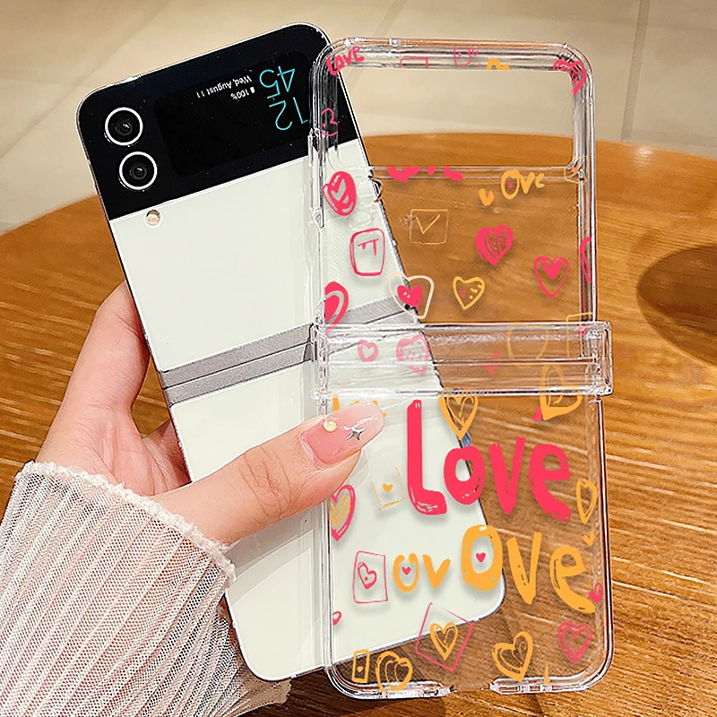 Love Heart Pattern Clear Phone Case For Samsung Galaxy Z Flip5 Flip4 Flip3 5G Hard PC Folding Back Cover For Samsung Z Flip 5 4