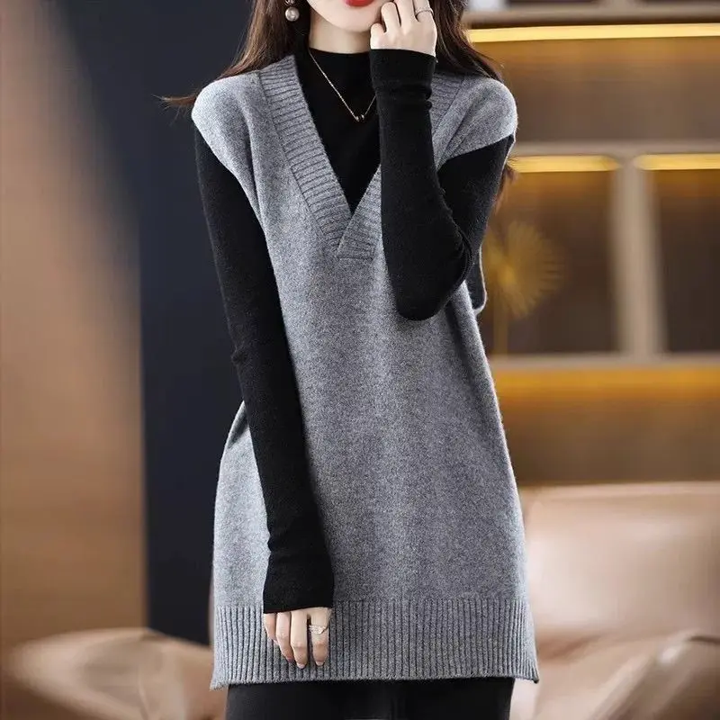 

Женский трикотажный жилет средней длины, темно-синий жилет с V-образным вырезом, однотонный пуловер для осени и зимы