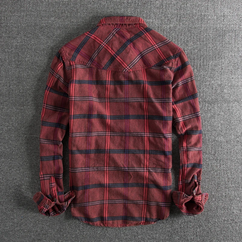 Personality big pocket decoration wash do old trend European and n men plaid long-sleeved shirt