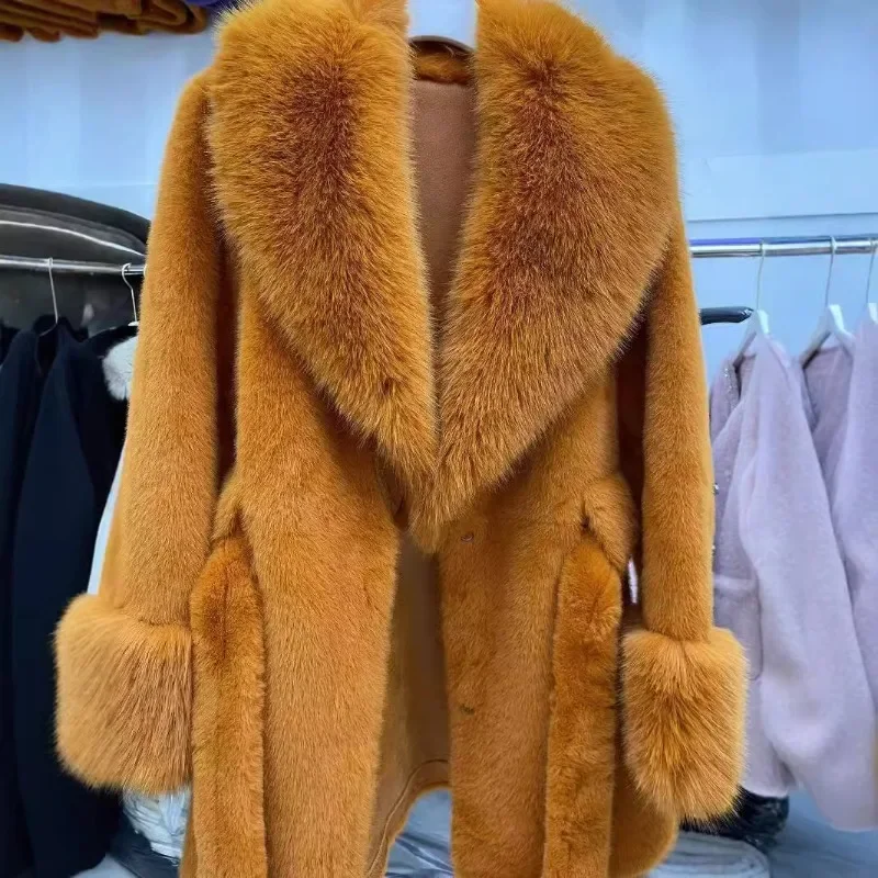 New Big Fur Collar Long Slim Jacket Environmentally Friendly European Mink Imitation Fox Fur Plush Coat High-grade Fur Integrat