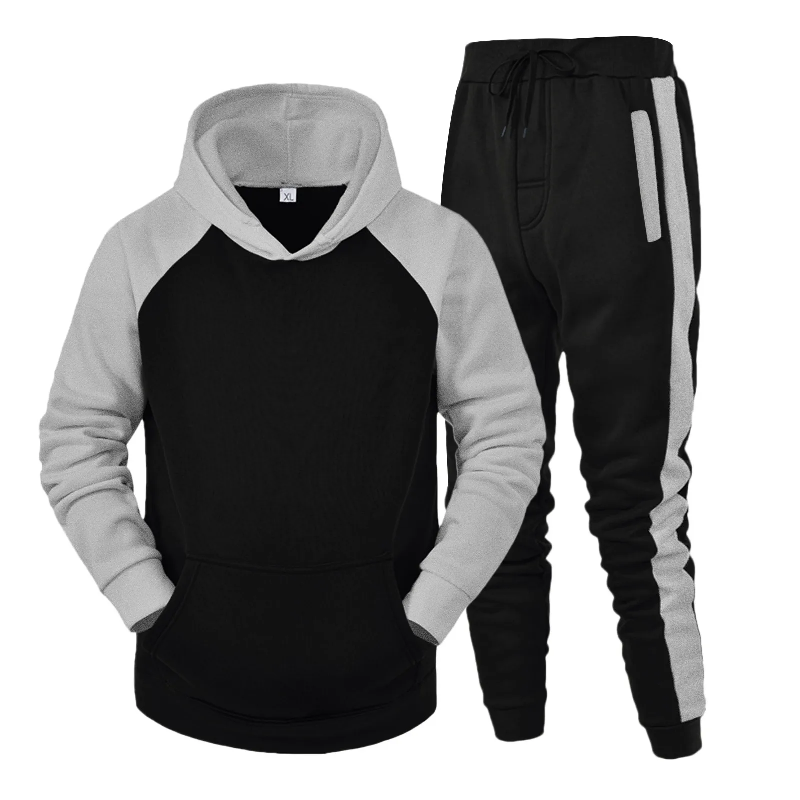 Men Patchwork Tracksuit Set Long Sleeve Hooded Sweatshirts+High Waist Drawstring Jogger Running Sweatpants Sportwear Ropa Hombre